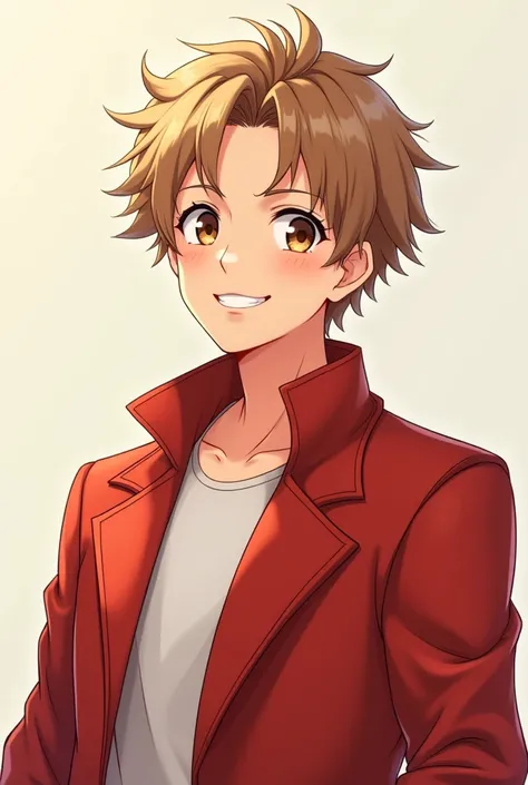 create anime pictures A handsome young man with slightly messy light brown hair. bright brown eyes have a bright smile Wear a red coat