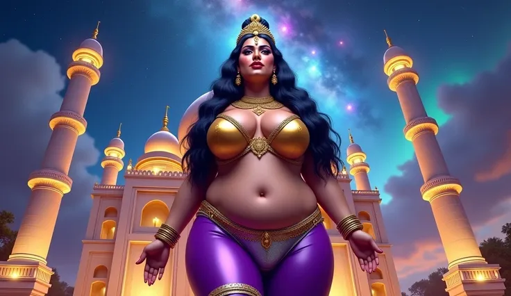 Create a captivating and divine Indian mythology-inspired artwork featuring a voluptuous, plus-size goddess with a chubby, radiant body, soft cheeks, and an enchanting hourglass navel. She wears striking purple latex leggings that hug her curves, paired wi...