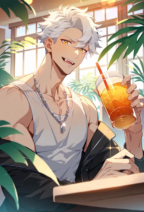 1boy, male focus, holding drink, holding, drink, toned male, toned, pectorals, jacket, open jacket, open clothes, tank top, chain necklace, necklace, stud earrings, earrings, jewelry, cafe, plant, indoors, lens flare, solo, looking at viewer, open mouth, f...