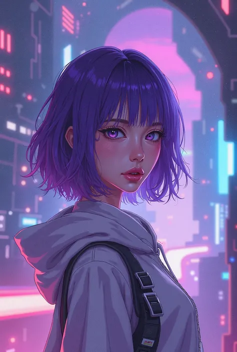 anime girl in style 90s, more purple and futuristic style