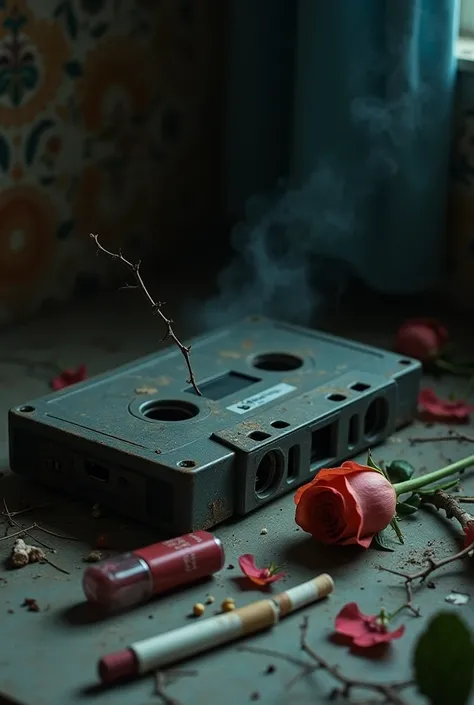  Cassette player broken , sad, rose et épine, cigarette butt, Broken lipstick