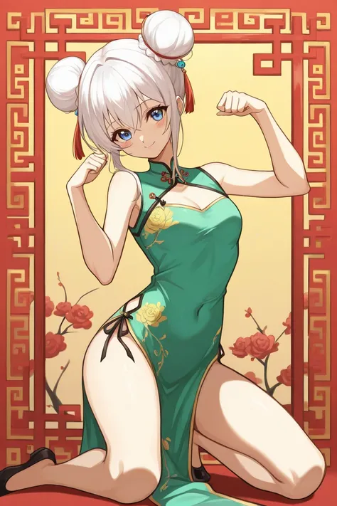  Female anime, white hair bun hair brooch,  chinese costume , unique pose