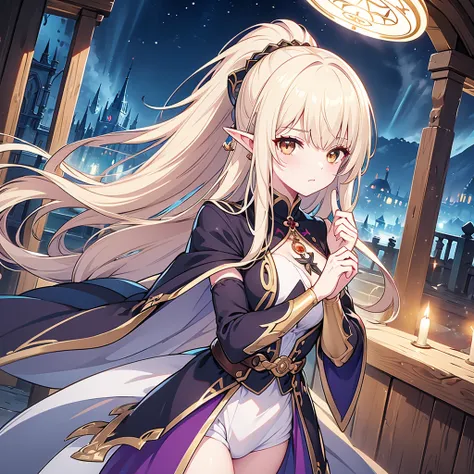  eye patch 、 Witch Costume 、Elf、grimoire、  magic circle pointing forward、 looks relaxed、 long hair, Chest,  blond,  ponytail on panty,   pointy ears ,  top quality, Snap your fingers、 one woman,  detailed face, Soft lighting, Soft light,  Soft Focus ,  per...