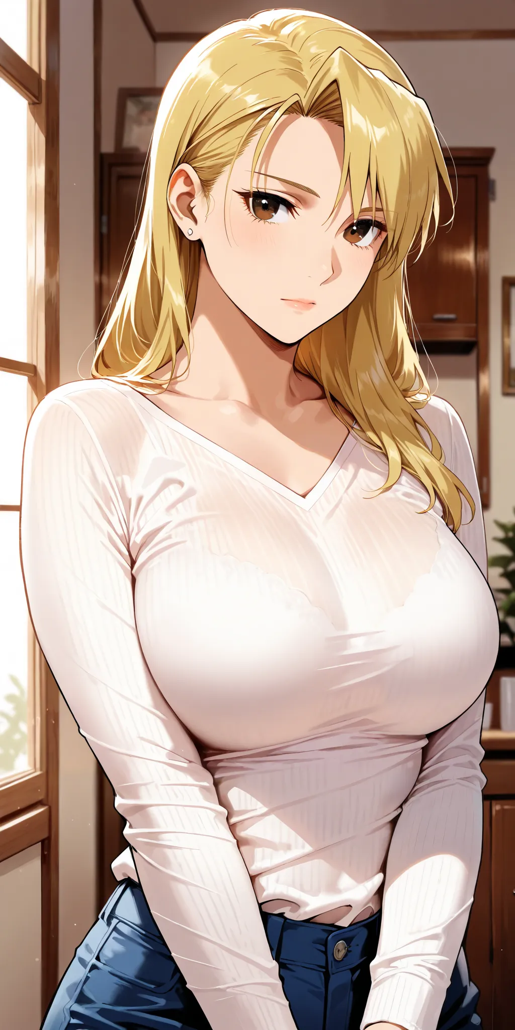 Masterpiece, mature woman, riza hawkeye, slim, upper body, long sleeve shirt, ultra detailed, highres, absurdres, home, portrait, semi realistic