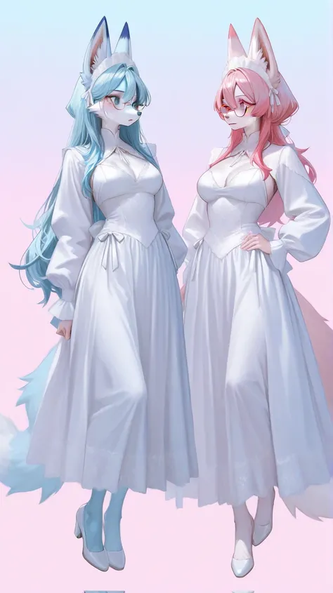 Full body, two furry girls, blue eyes、pink eyes, dark blue hair, pink hair, snout, ears, glasses, light blue fur, wolfy furry fox (light color:1.4)GBF_style、748cmstyle、32K、 is present、Artistic、 professional lighting、 super detailed depiction of a white str...