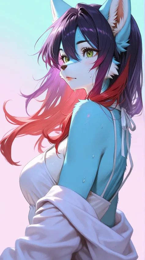 furry, green eyes、light blue fur, purple hair with red hair tips, long hair, furry girl, snout, ears, wolfy furry fox (light color:1.4)GBF_style、748cmstyle、32K、 is present、Artistic、 professional lighting、 super detailed depiction of a white string、Artwork,...