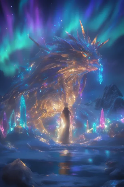 A magical kingdom where enormous creatures made of crystal roam a landscape of glowing mountains and reflective lakes. Each beast radiates different hues and refracts light like prisms. The sky is filled with auroras, and the scene captures a moment where ...