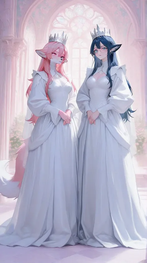 Full body, two furry girls, blue eyes、pink eyes, dark blue hair, pink hair, snout, ears, glasses, light blue fur, wolfy furry fox (light color:1.4)GBF_style、748cmstyle、32K、 is present、Artistic、 professional lighting、 super detailed depiction of a white str...