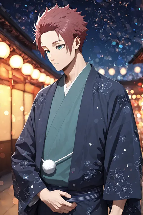 1boy, solo, male focus, Itoshi Sae, Blue Lock, teal eyes, underlashes, reddish-brown hair, sexy man, intricate male kimono, night, stars, bokeh, masterpiece, best quality, amazing quality, very aesthetic, absurdres, modern, recent, newest