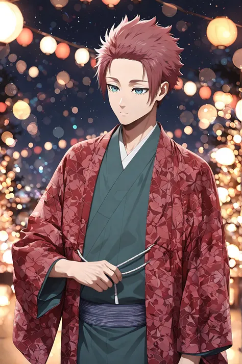 1boy, solo, male focus, Itoshi Sae, Blue Lock, teal eyes, underlashes, reddish-brown hair, sexy man, intricate male kimono, night, stars, bokeh, masterpiece, best quality, amazing quality, very aesthetic, absurdres, modern, recent, newest