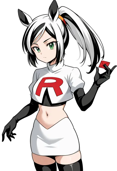 score_9, score_8_up, score_7_up, score_6_up, score_5_up, score_4_up, Chroe Mashima, (hair: long hair, black and white hair, streaked hair), horse ear, (pale green eyes: 1.2), 1 ponytail, team rocket,team rocket uniform,white skirt,red letter R,crop top,bla...