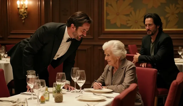 A luxurious fine-dining restaurant. In the foreground, an arrogant waiter leans toward an elderly woman sitting alone at her table, smirking as if mocking her. The woman, dressed modestly but neatly, looks slightly uncomfortable but composed.

In the backg...