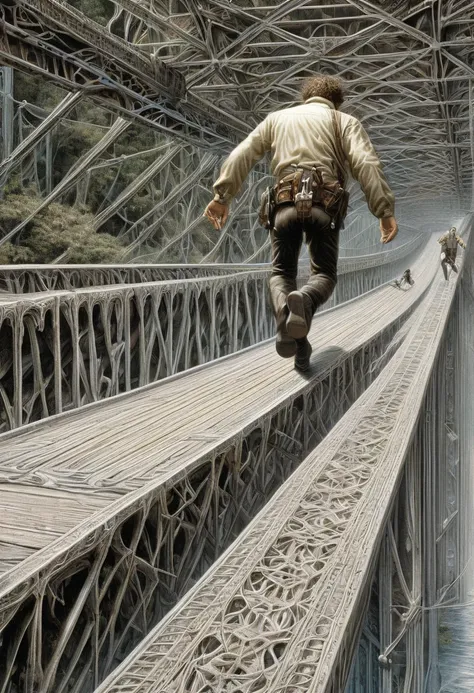  a person walks across the bridge down i is afraid of falling , man feels uncomfortable ,  is afraid of losing control of his body and falling,fear of crossing the bridge . like illustration for a book, (Intricate details:1.2), High resolution, High Defini...