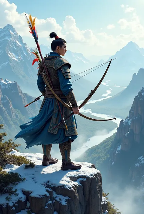 Create thumbneil professional Chinese warrior with arrow on top of the mountain looking at various enemies in the distance