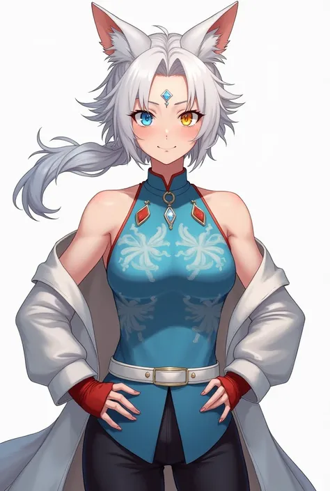 Adult woman, older woman, mature, fantasy, short white hair, long white ponytail, wild hair, parted bangs, blue eye, yellow eye, white fox ears, white wolf tail, diamond shaped jewel in forehead, backless blue chinese shirt, design on shirt, white belt, bl...