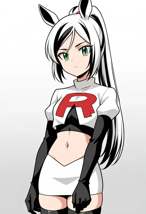 score_9, score_8_up, score_7_up, score_6_up, score_5_up, score_4_up, Chroe Mashima, (hair: long hair, black and white hair, streaked hair), horse ear, (pale green eyes: 1.2), 1 ponytail, team rocket,team rocket uniform,white skirt,red letter R,crop top,bla...