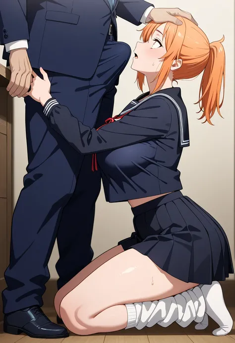 masterpiece,best quality,amazing quality,very aesthetic,absurdres,newest, huge filesize,
anime coloring, 
1girl, 1boy, hetero, head grab,from side, close up,bulge,  erection, 
old japan house, nami,   on kneeling, looking at another, looking up, standing m...