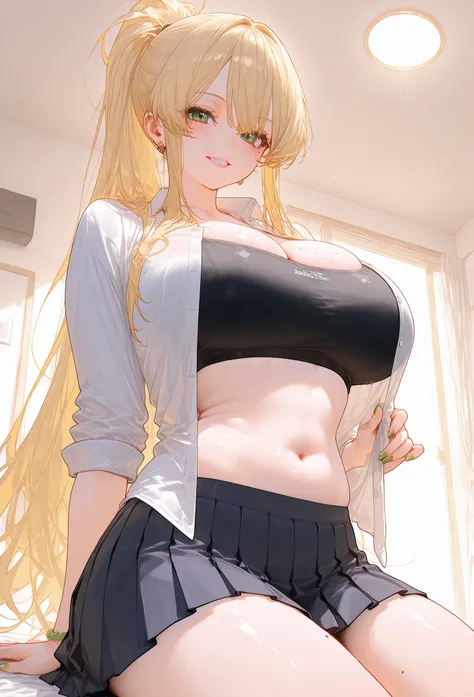 (gyaru), mixed_artwork style, long hair, blonde hair, ponytail, perfect eyes, (black top, (exposed navel), pleated skirt, open shirt), green eyes, pretty nails, (sitting), Mole under eye, solo, 1girl, voluptuous, huge body, massive chest, White outline, Ma...