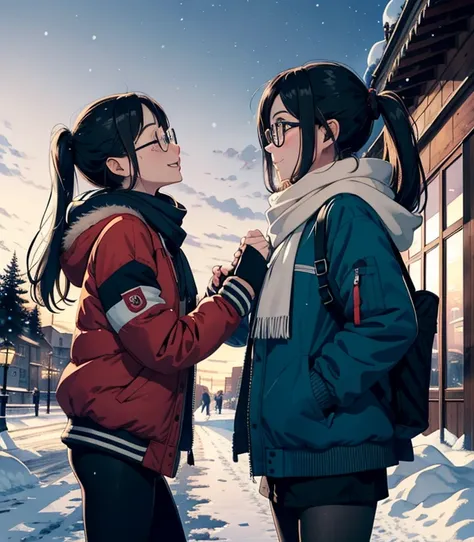   Masterpiece，     Hi-Res，(  cute little sow  ， Flat shade     )，  People with sophisticated glasses 々 々They are kissing ，        beautiful black hair   ，    fisheyecute young mother and cute daughter      people looking down on the winter city from the pa...