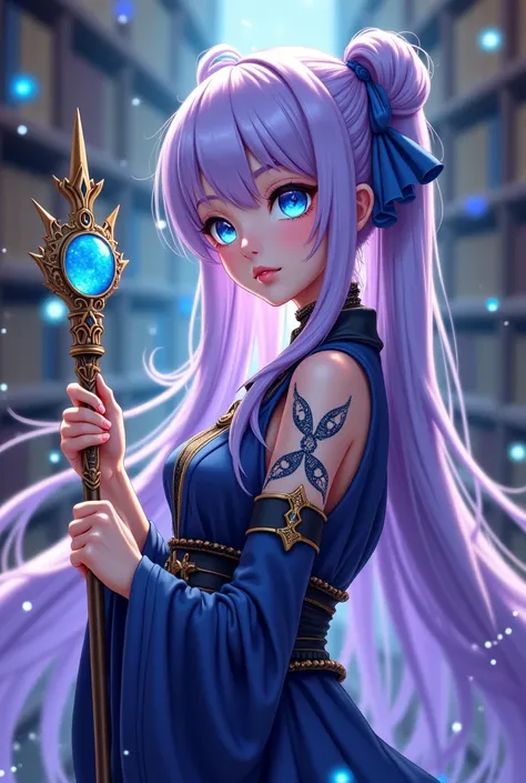 "4K anime style quality, digital drawing mode, enigmatic anime female character, long lavender hair, glowing cyan eyes, wearing quantum-infused robes, fractal tattoos on arms and neck, wielding a magical staff with a floating orb, Blur the background to cr...