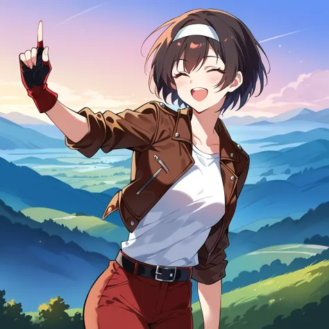 score_9, score_8_up, score_7_up,source_anime,1girl,solo,black hair,short cut,flirty eyes,eyes closed,smile,mouth open,dressed in (red-brown leather jacket with rolled up sleeves), open jacket, red-brown fingerless gloves, white T-shirt, (white headband)), ...