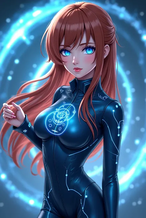  "4K anime style quality, digital drawing mode, mysterious anime female character, long chestnut hair, bright blue eyes, wearing a time-travel suit with glowing accents, time loop tattoos on wrists, holding a holographic time device, Blur the background to...