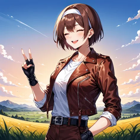 score_9, score_8_up, score_7_up,source_anime,1girl,solo,black hair,short cut,flirty eyes,eyes closed,smile,mouth open,dressed in (red-brown leather jacket with rolled up sleeves), open jacket, red-brown fingerless gloves, white T-shirt, (white headband)), ...