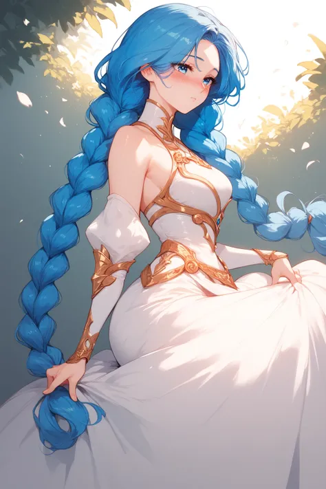 Woman, blue hair, loose strands, most beautiful woman possible, blush braids, blue eyes, white armor with gold details, white dress, long sleeved dress 