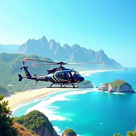 Police helicopter flying around a beach on a blue sky day with mountains in the background

