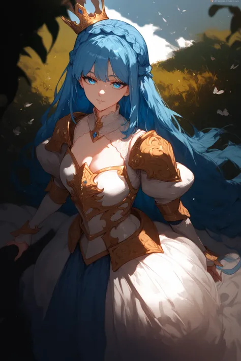 Woman, blue hair, loose strands, Crown braid, blue eyes, white armor with gold details, white dress, long sleeved dress 