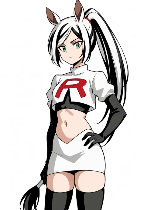 score_9, score_8_up, score_7_up, score_6_up, score_5_up, score_4_up, Chroe Mashima, (hair: long hair, black and white hair, streaked hair), horse ear, (pale green eyes: 1.2), 1 ponytail, team rocket,team rocket uniform,white skirt,red letter R,crop top,bla...