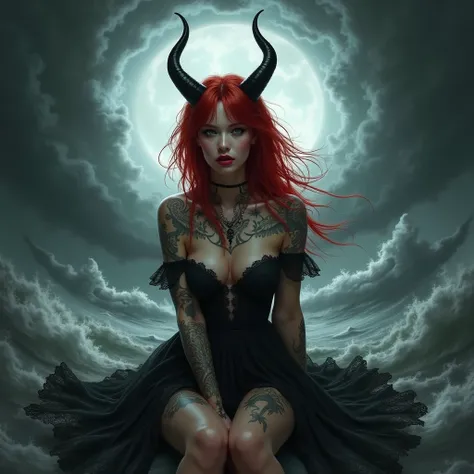 Sexy tattooed redhead woman with hong hair and with horns, dressed in Lace black dress sitting at the runder storm