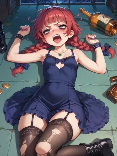 night, dusk, dirty Nightclub, red hair, twin braids, blunt bangs, messy hair, saliva, blush, angry face, bags under eyes, smudged makeup, small breasts, (petite body) wide hips), black garter straps, torn pantyhose, fishnet thighhighs, boots, hair_bow, jew...