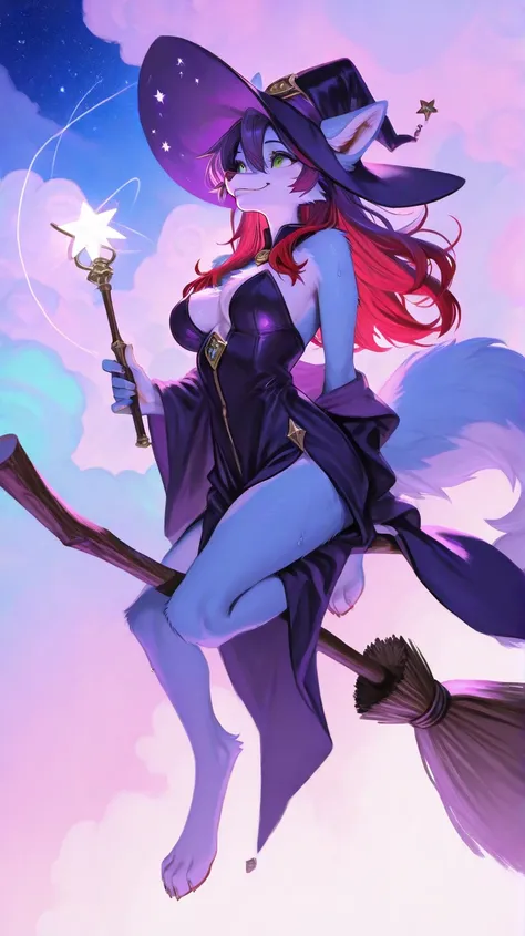 Riding on broom, furry, green eyes、light blue fur, purple hair with red hair tips, long hair, furry girl, snout, ears, wolfy furry fox (light color:1.4)GBF_style、748cmstyle、32K、 is present、Artistic、 professional lighting、 super detailed depiction of a whit...