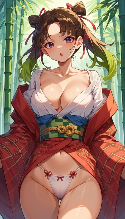     masterpiece,  thong,  high resolution, Venus1 , 1 ,  alone, Tsuko Kamato, bamboo, gaga, Hair (brown),  plaid belt , gaga, gaga, Gradient Hair, Hair ribbon, HAORI,  Japanese clothing,  very short kimono ,  Showing off your underwear ,  big boobs, Open k...