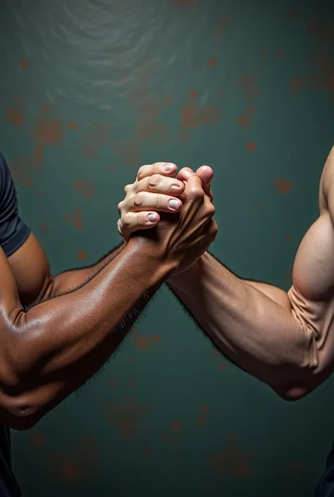 Arms held together in a partnership between Croosfit and dentist. One of the arms is dressed in a white coat and a latex glove.. And the other arm is very strong and the Croosfit glove.