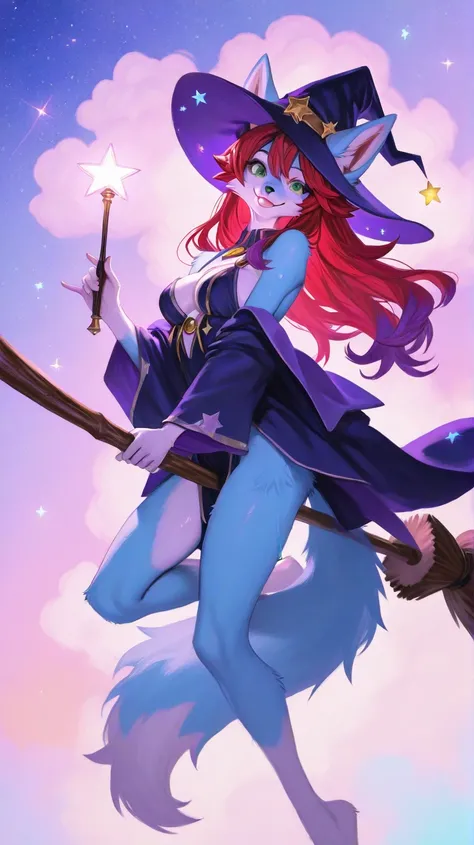 Riding on broom, furry, green eyes、light blue fur, purple hair with red hair tips, long hair, furry girl, snout, ears, wolfy furry fox (light color:1.4)GBF_style、748cmstyle、32K、 is present、Artistic、 professional lighting、 super detailed depiction of a whit...