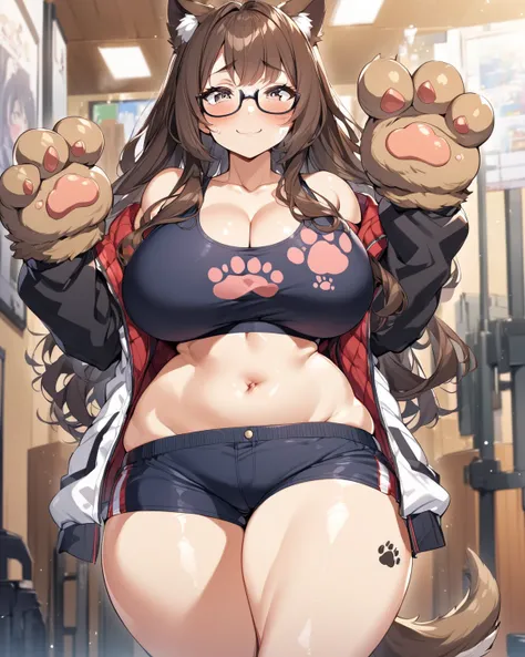 Anime, 1 girl, curvy beauty, fluffy hair, side-layered hair, brunette, curvy body, sports bra (((paw imprint))), jacket, short shorts, glasses, tail, shy Smile 