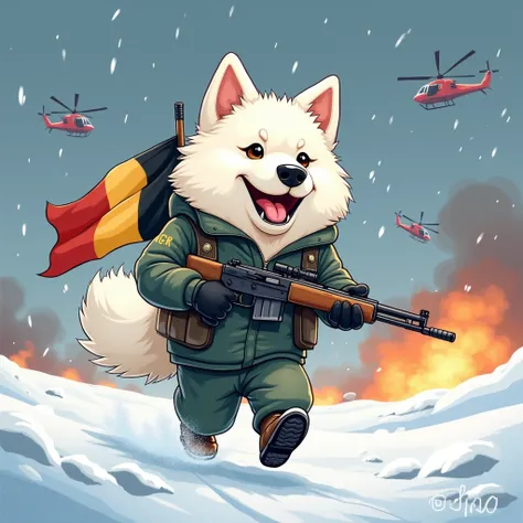 A happy fluffy heroic male Samoyed dog going to war under a snow storm, armed with a rifle, wearing winter clothes with the branding "4GR" on his jacket, running with a very determined expression, in chibi style, cartoonish drawing but with a filmographic ...