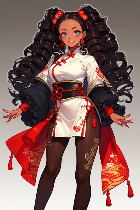 SHE IS BLACK. BROWN SKIN TONE. BLACK SKIN TONE. She wears a dark, black, almost navy-ish, outfit. The attire has a style evocative of traditional Chinese or East Asian clothing. It includes a fitted top, which has intricate patterned designs and a top that...