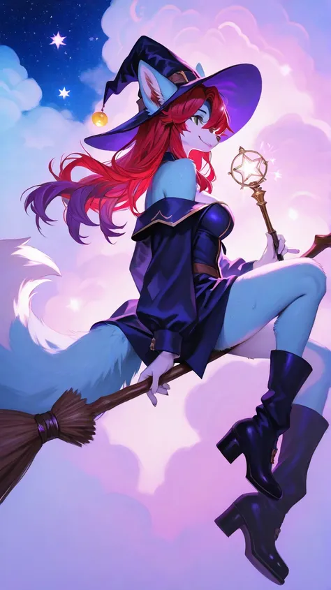 Riding on broom, furry, green eyes、light blue fur, purple hair with red hair tips, long hair, furry girl, snout, ears, wolfy furry fox (light color:1.4)GBF_style、748cmstyle、32K、 is present、Artistic、 professional lighting、 super detailed depiction of a whit...