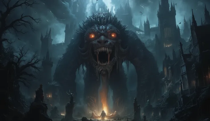 A colossal, nightmarish creature looming before an ancient, gothic castle shrouded in darkness and mist. Its towering form is a grotesque fusion of shadow, decayed flesh, and writhing tendrils, dripping with an eerie black ichor. Its glowing, hollow eyes r...