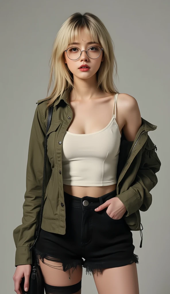  busty beautiful woman,  wearing a thin white plain shirt, combined with an army colored shirt, wearing glasses, holding a sling bag,  with blonde hair , pose like a model.