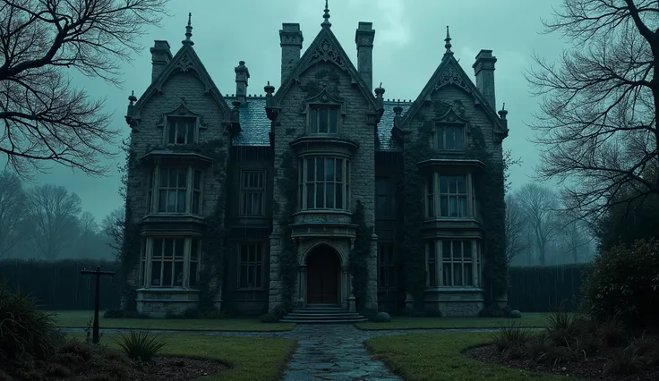 realistic image of an old 16th century English mansion made of black stone with vines on its walls, dark, in the illuminated night, cold and rainy night and macabre liquid darkness