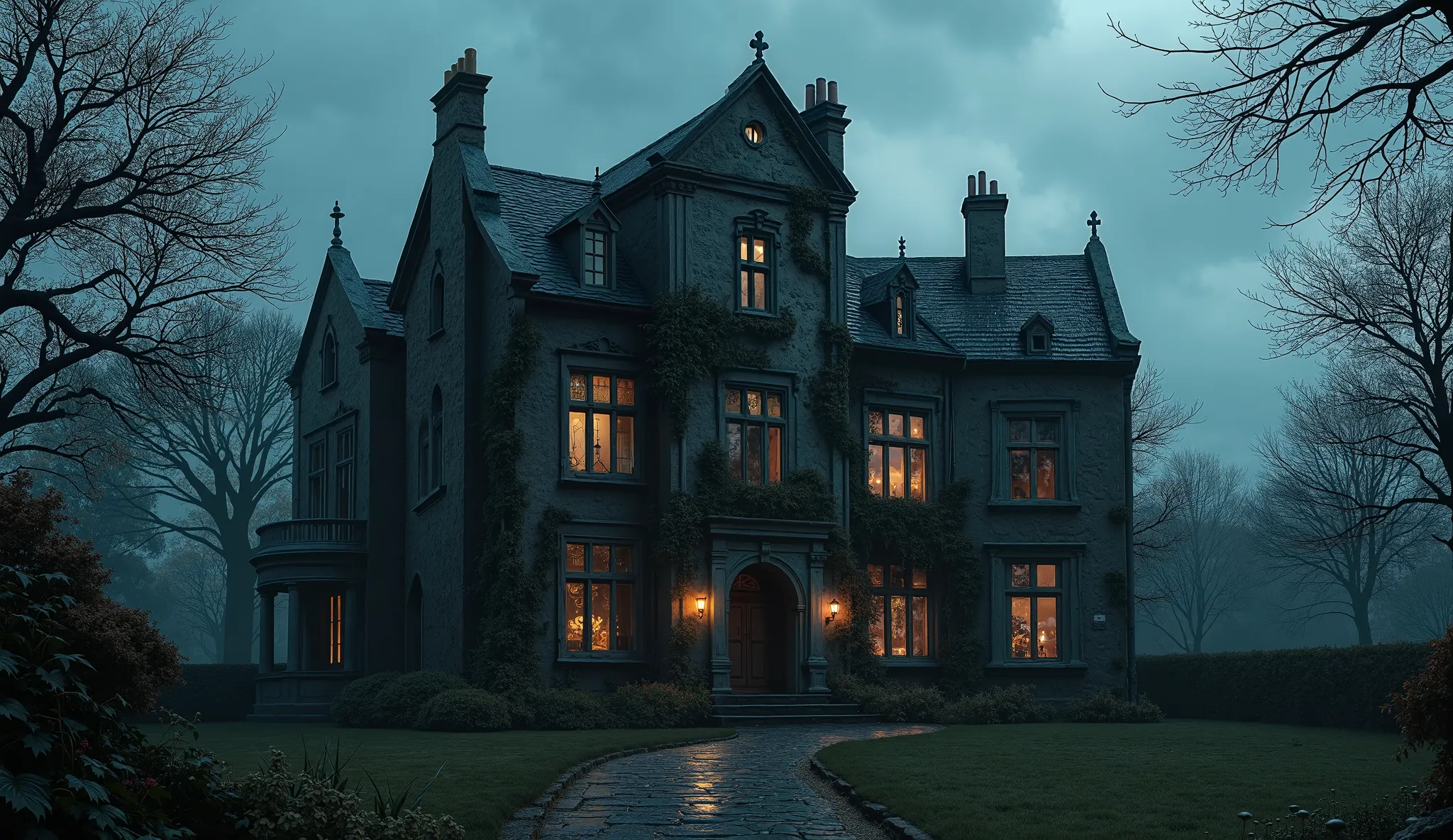 realistic image of an old 16th century English mansion made of black stone with vines on its walls, dark, in the illuminated night, cold and rainy night and macabre liquid darkness