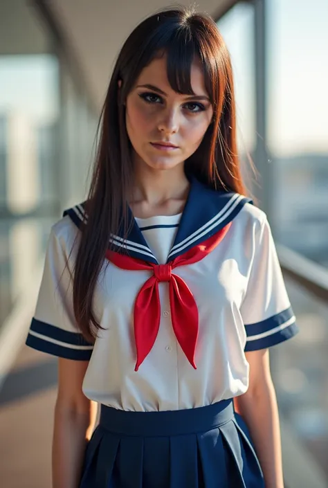 arafed woman in a sailor suit posing for a picture, sailor uniform, cute schoolgirl, dressed as schoolgirl, school girl, sailor clothing, hyperrealistic schoolgirl, female sailor uniforms, jessica nigri, curvy and bow, adriana chechik, alex yanes, gorgeous...