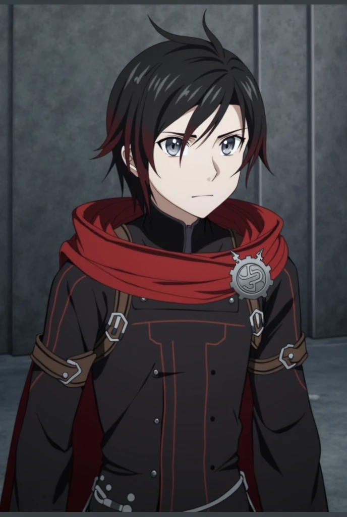 Anime guy, with silver eyes, black hair with red highlights, from sword art online, wearing fantasy black clothes, red cape