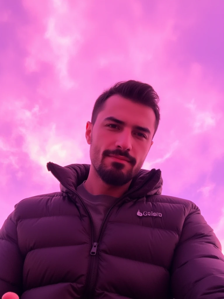 a young handsome turkish guy with muscle,  dark short hair and goatee beard he wearing pufferjacket selfie from bottom and the heaven is pink with clouds amateur photo random picture 