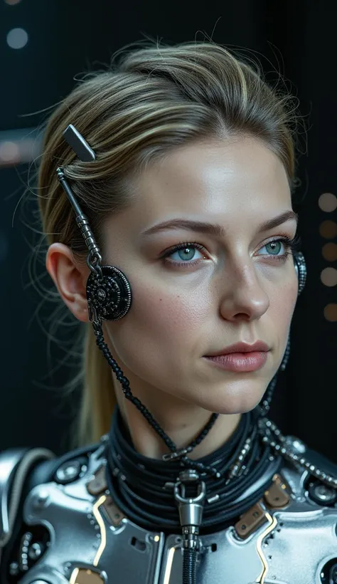 A highly detailed, realistic photo of a cybernetic woman. Her face is a seamless blend of human beauty and advanced technology, with metallic plates and glowing, intricate circuits integrated into her skin. Her eyes are striking that conveys intelligence a...