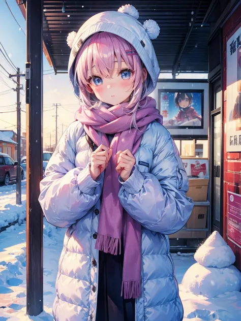   top quality、  snow、 wear warm clothes 、  muffler  、cute little chemo girl、 blushes、Promotional poster, 